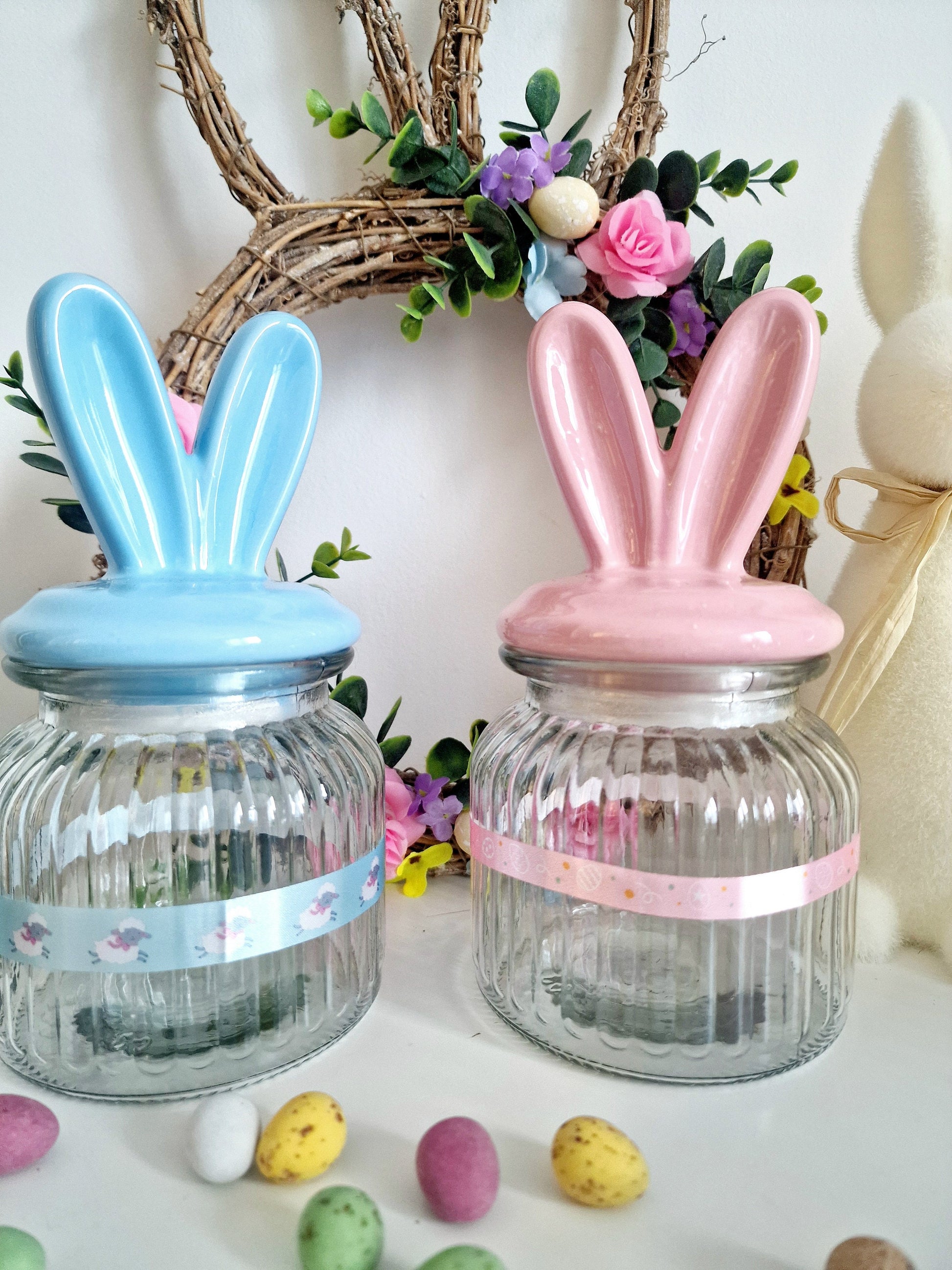 Easter Bunny Ear Jar | Ribbed Glass & Ceramic | Pastel Bunny Ears | Mini Eggs | Spring