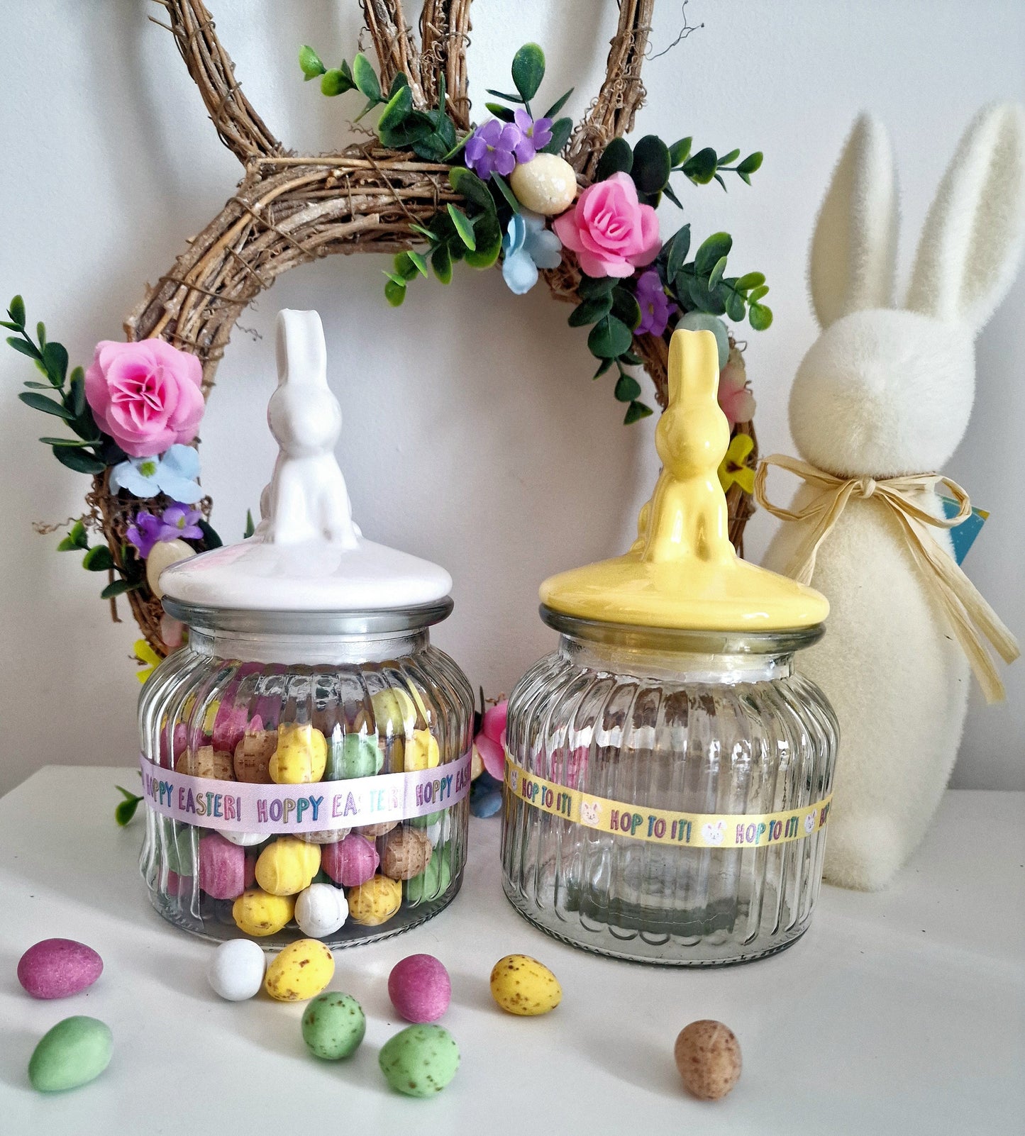 Easter Bunny Ear Jar | Ribbed Glass & Ceramic | Pastel Bunny Ears | Mini Eggs | Spring