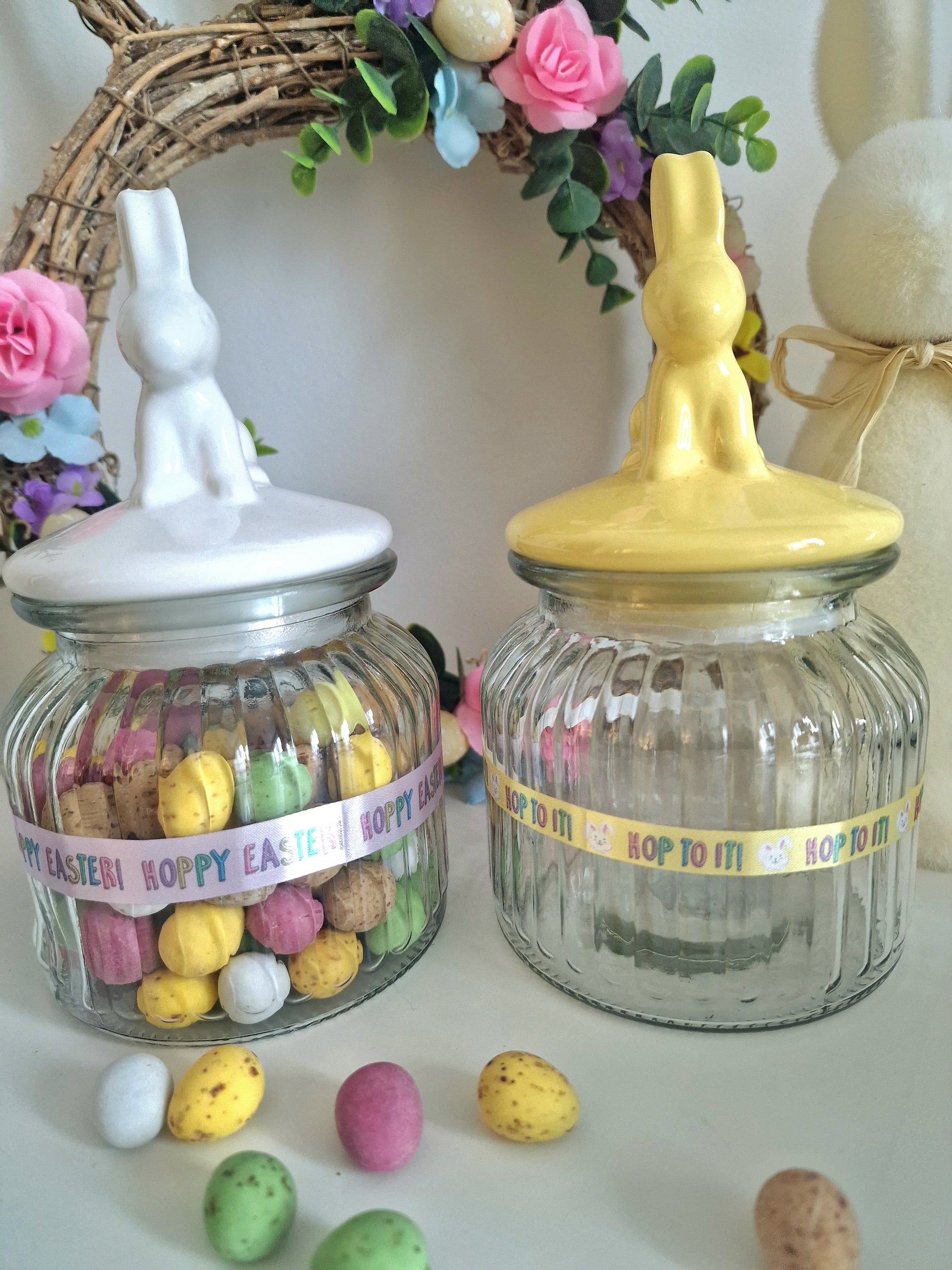 Easter Bunny Ear Jar | Ribbed Glass & Ceramic | Pastel Bunny Ears | Mini Eggs | Spring