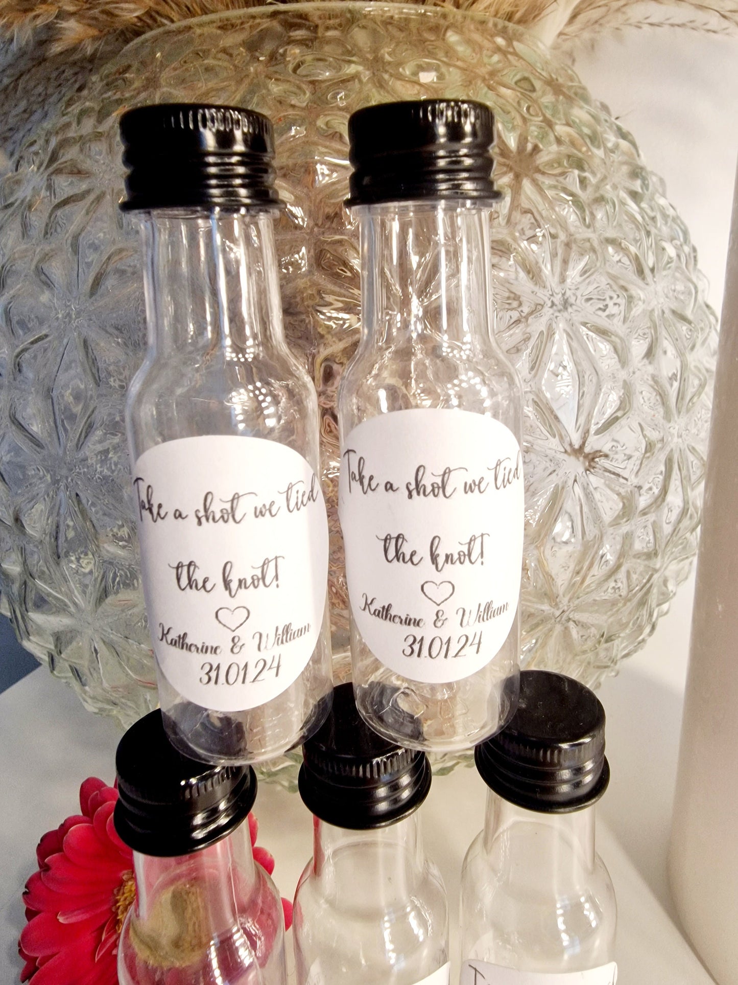 Shot bottles - we tied the knot - take a shot - wedding- wedding favours- personalised shot bottle