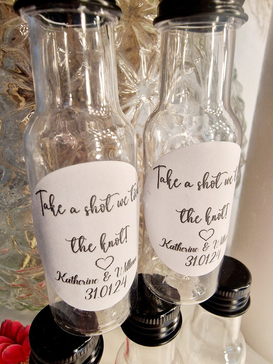 Shot bottles - we tied the knot - take a shot - wedding- wedding favours- personalised shot bottle