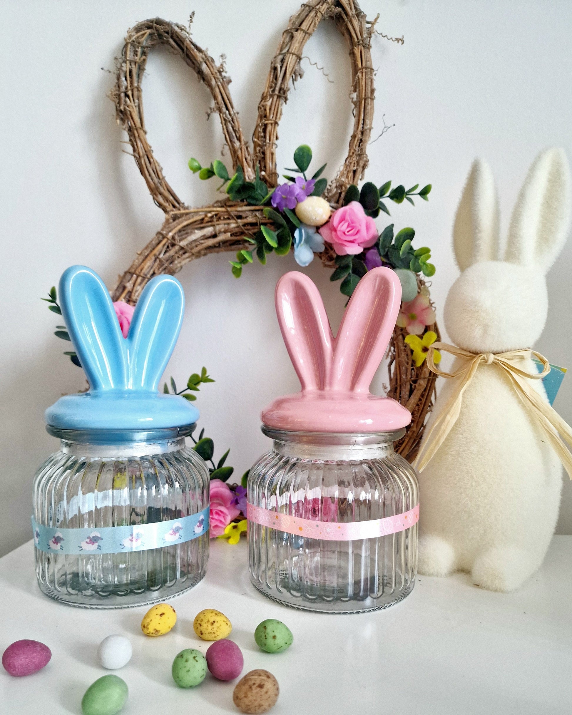 Easter Bunny Ear Jar | Ribbed Glass & Ceramic | Pastel Bunny Ears | Mini Eggs | Spring