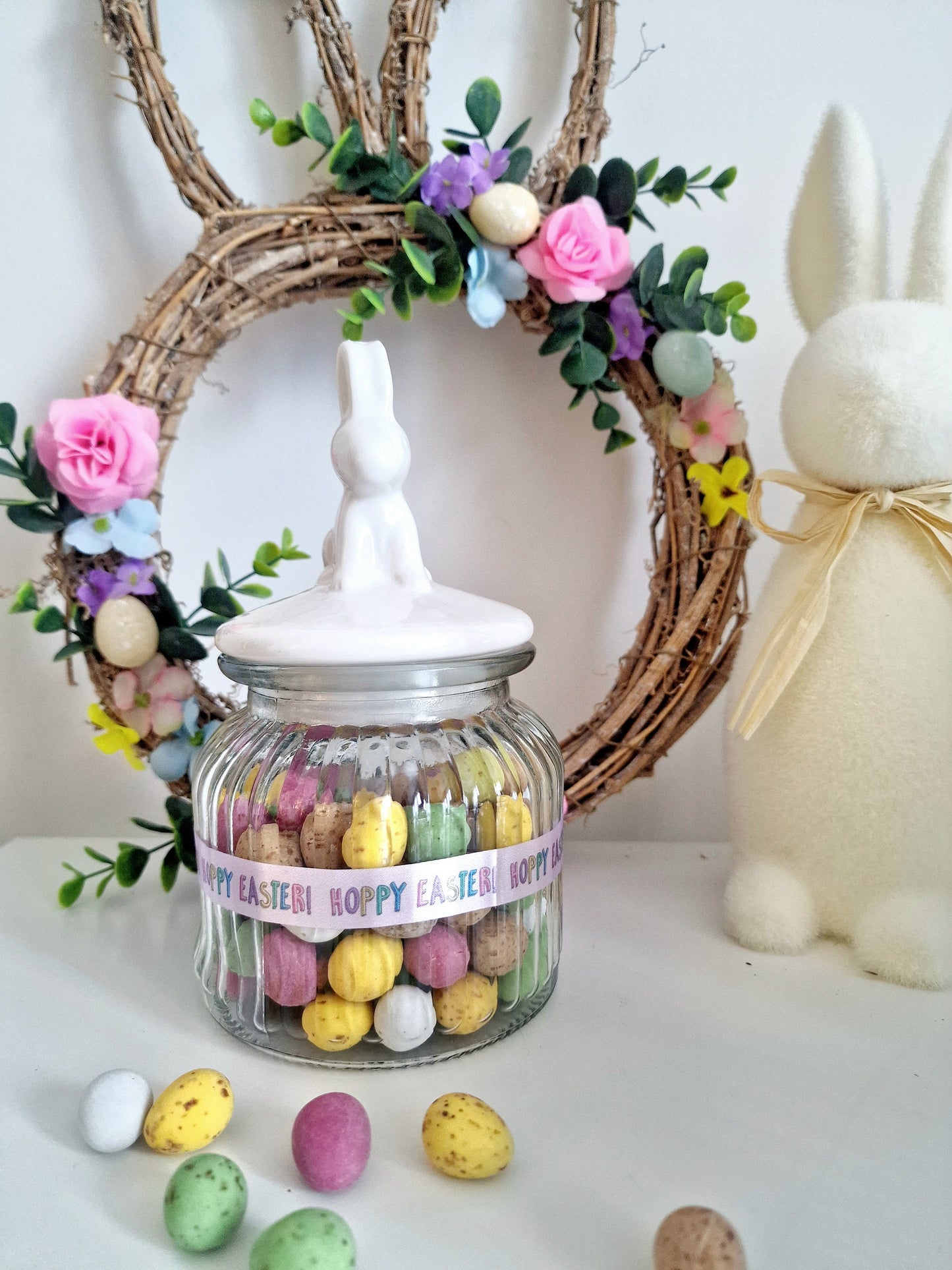 Easter Bunny Ear Jar | Ribbed Glass & Ceramic | Pastel Bunny Ears | Mini Eggs | Spring