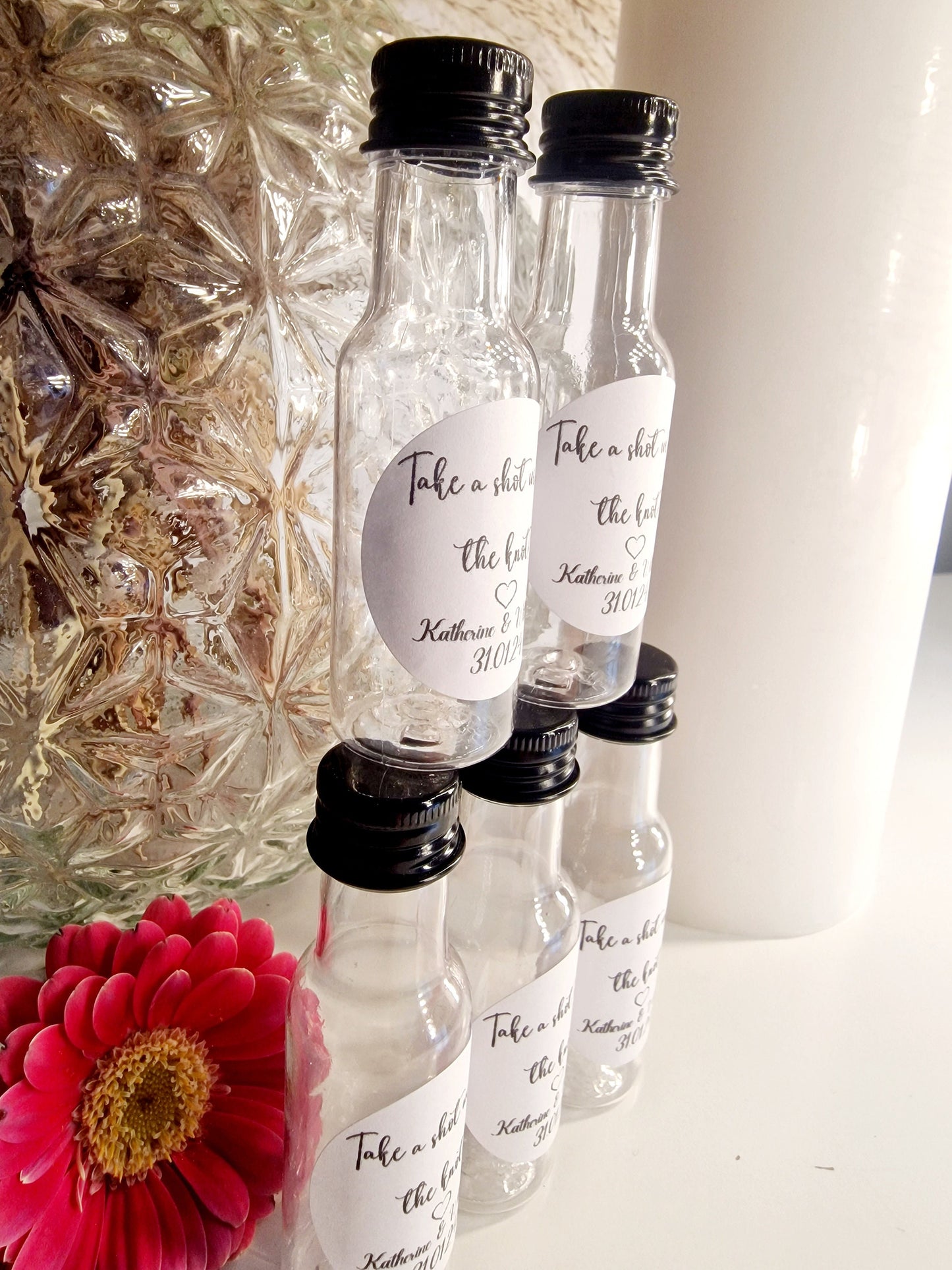 Shot bottles - we tied the knot - take a shot - wedding- wedding favours- personalised shot bottle