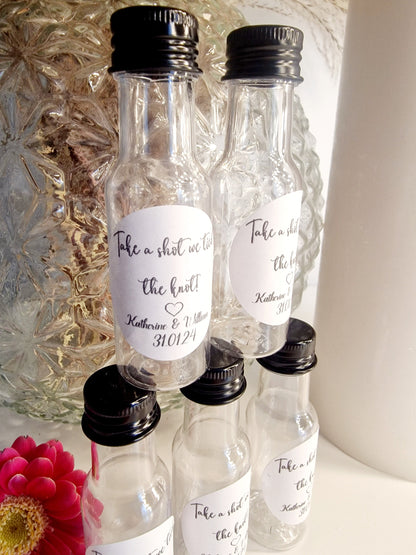 Shot bottles - we tied the knot - take a shot - wedding- wedding favours- personalised shot bottle