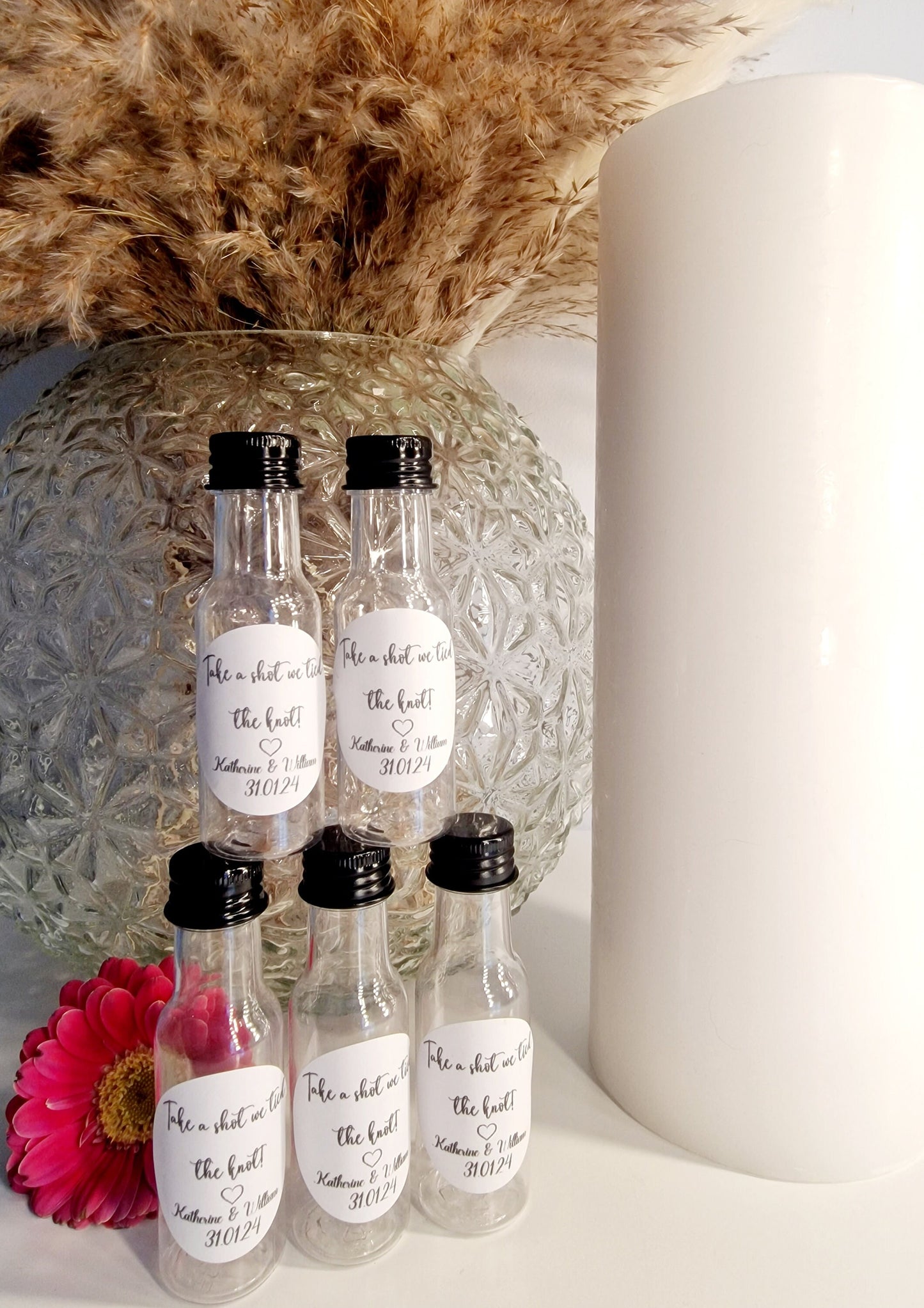 Shot bottles - we tied the knot - take a shot - wedding- wedding favours- personalised shot bottle