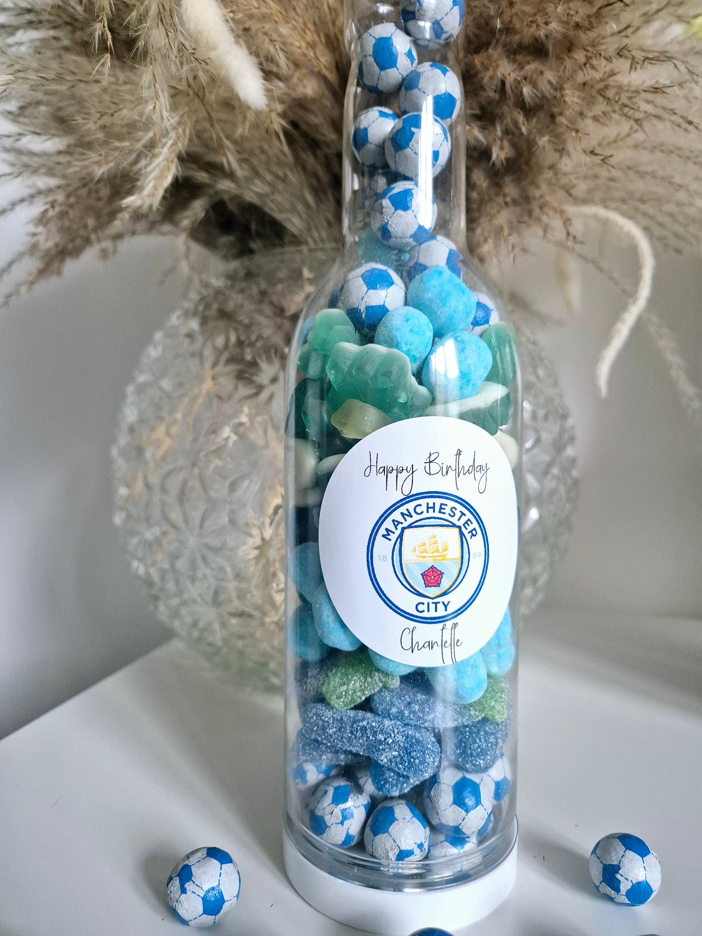 Football sweet bottle - football fan - Sweet Bottle - Birthday - Birthday Gift -celebrations-Blue sweets personalised gift