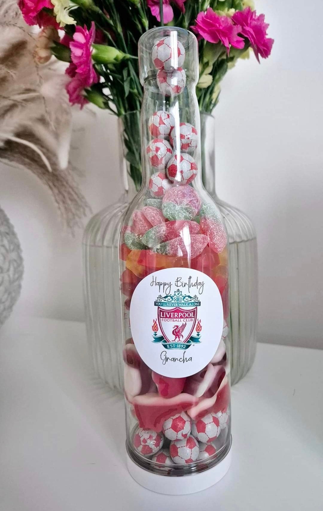 Football sweet bottle - football fan - Sweet Bottle - Birthday - Birthday Gift -celebrations - Football sticker of team - Red sweets