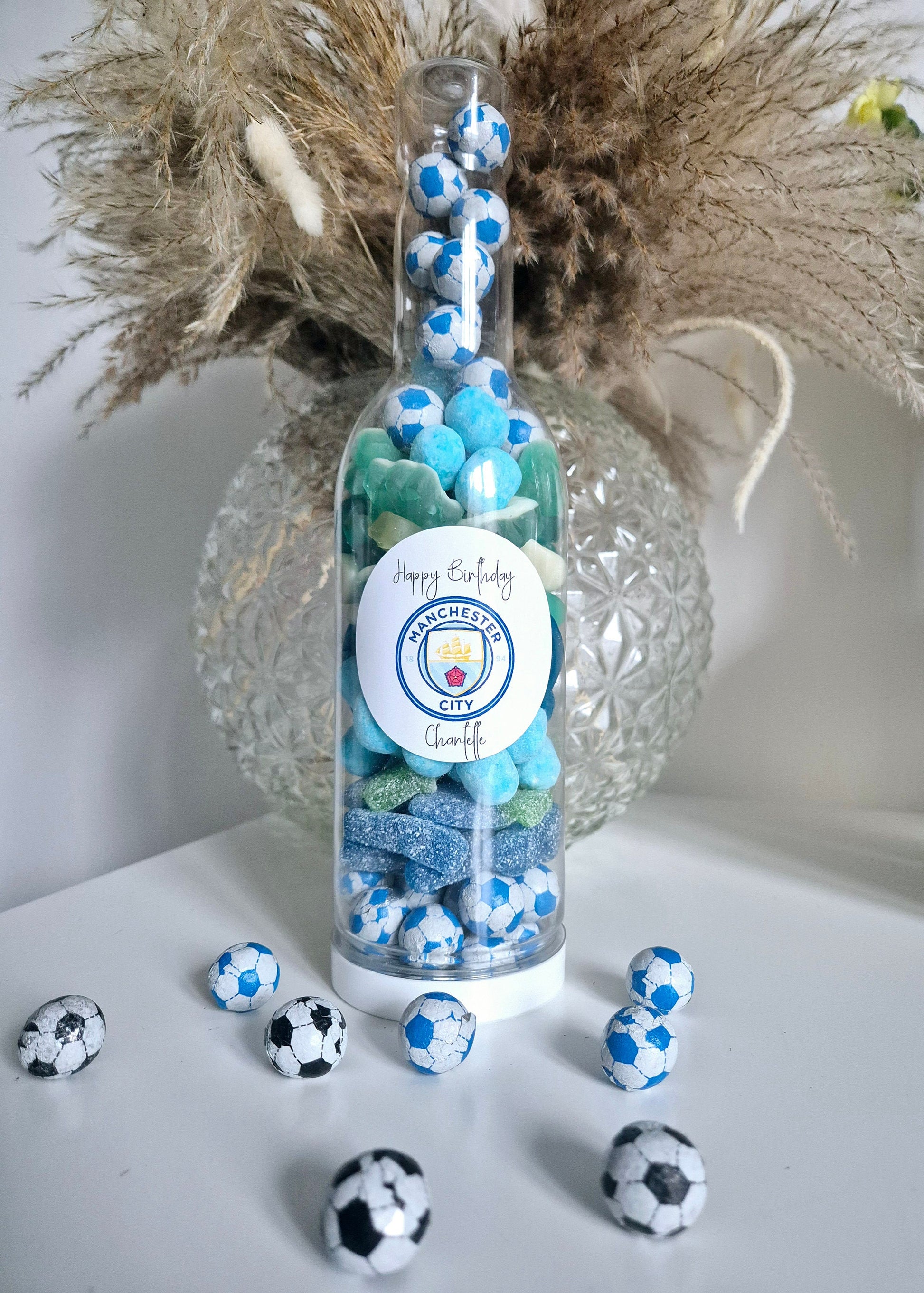 Football sweet bottle - football fan - Sweet Bottle - Birthday - Birthday Gift -celebrations-Blue sweets personalised gift