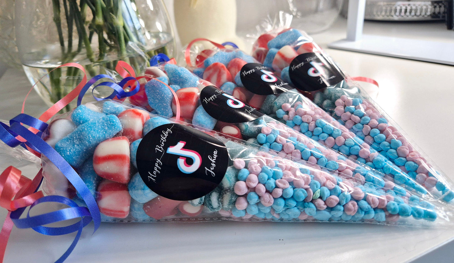 Tik-tok inspired sweet cones- Party favours - Birthday - Tik-tok theme- Red/blue Theme- Party cones - prefilled sweet bags