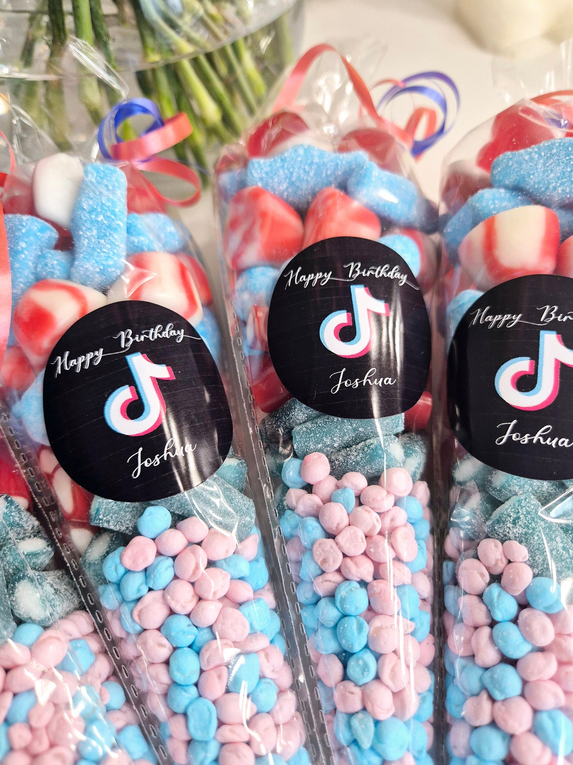 Tik-tok inspired sweet cones- Party favours - Birthday - Tik-tok theme- Red/blue Theme- Party cones - prefilled sweet bags