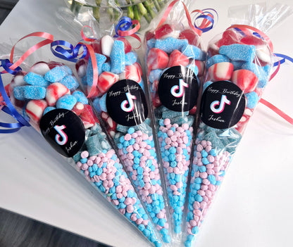 Tik-tok inspired sweet cones- Party favours - Birthday - Tik-tok theme- Red/blue Theme- Party cones - prefilled sweet bags