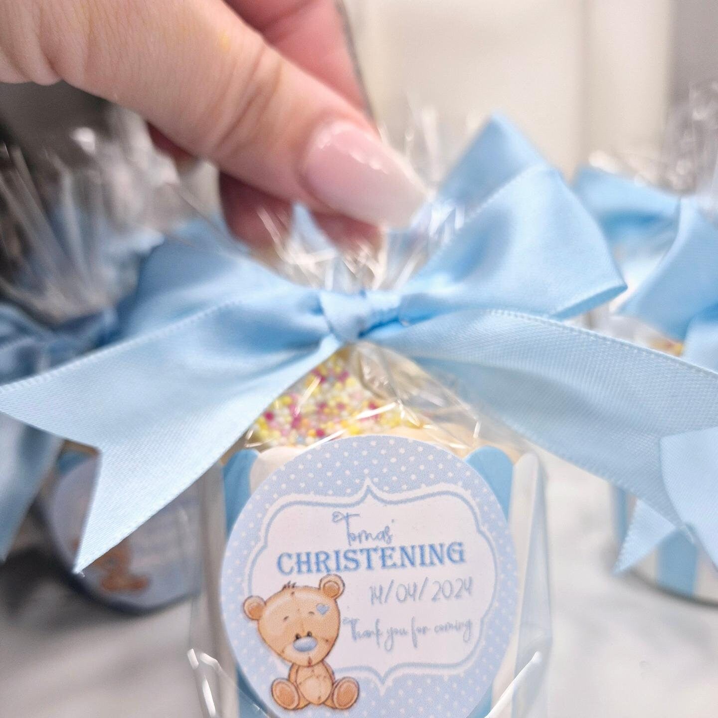 Christening sweet pots - personalised sticker - Christening sweet favours