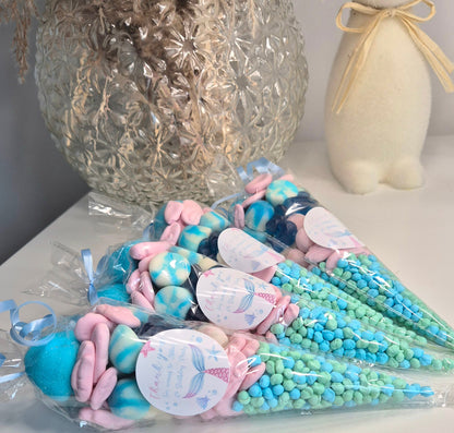 Mermaid inspired sweet cones- Party favours - Birthday - Party cones- Mermaid theme- prefilled cones- personalised cones