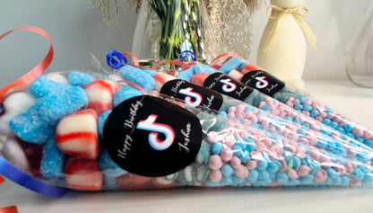 Tik-tok inspired sweet cones- Party favours - Birthday - Tik-tok theme- Red/blue Theme- Party cones - prefilled sweet bags