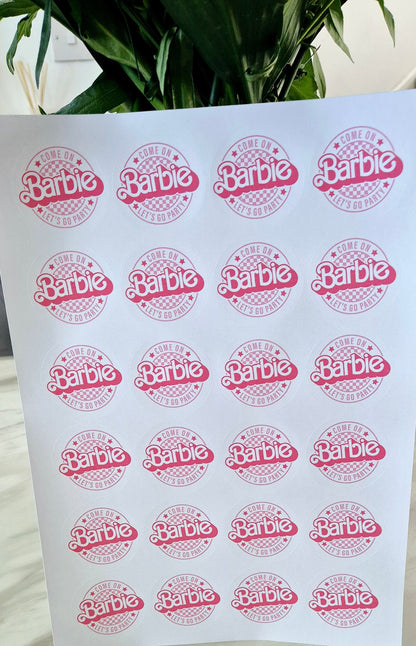 Lets go and party inspired sticker- 24 Glossy Barbie-stickers- 45mm circular stickers a4 sheet - 24 in total