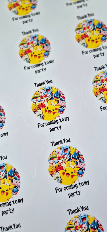 POKEMAN inspired stickers- Pokeman themed 24 Glossy Sostickers- 45mm circular stickers a4 sheet - 24 in total