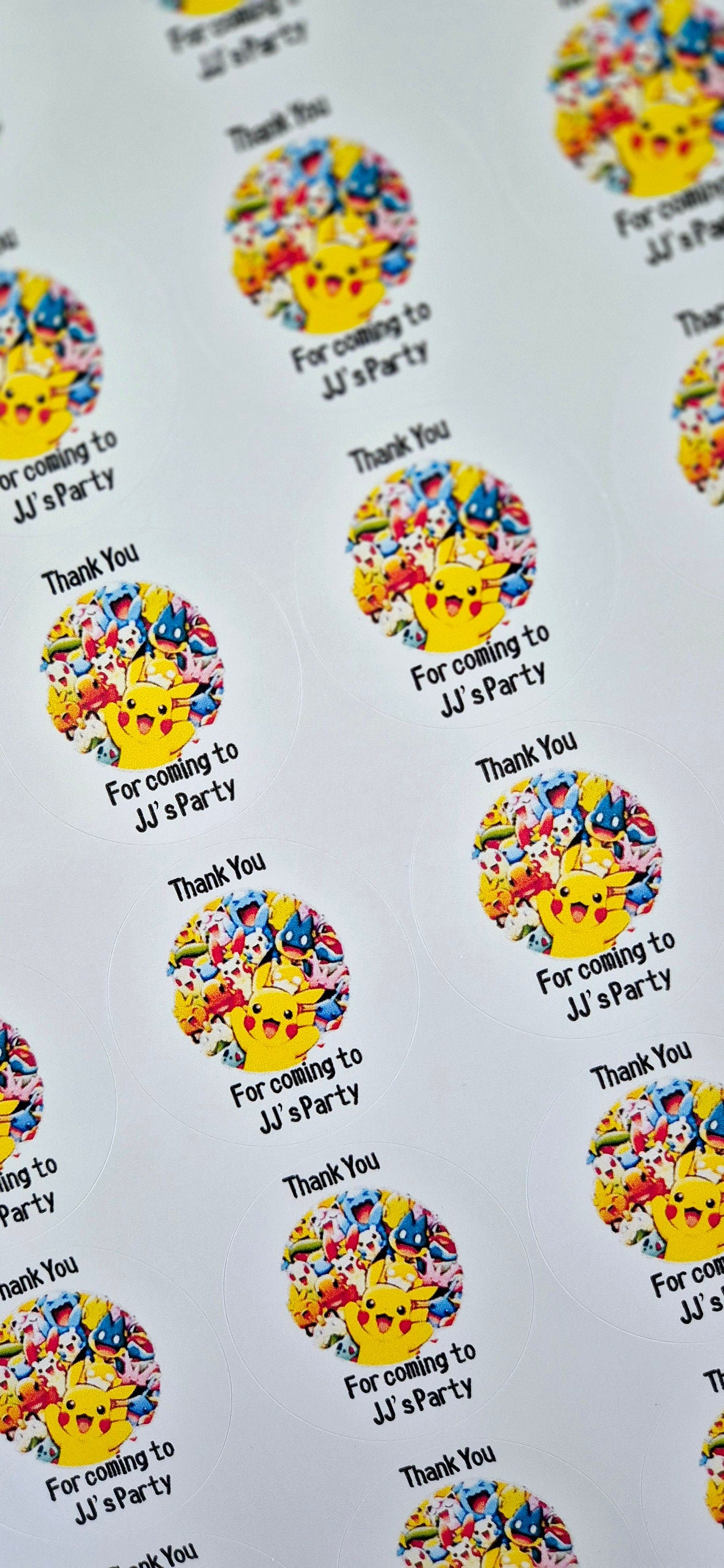 POKEMAN inspired stickers- Pokeman themed 24 Glossy Sostickers- 45mm circular stickers a4 sheet - 24 in total