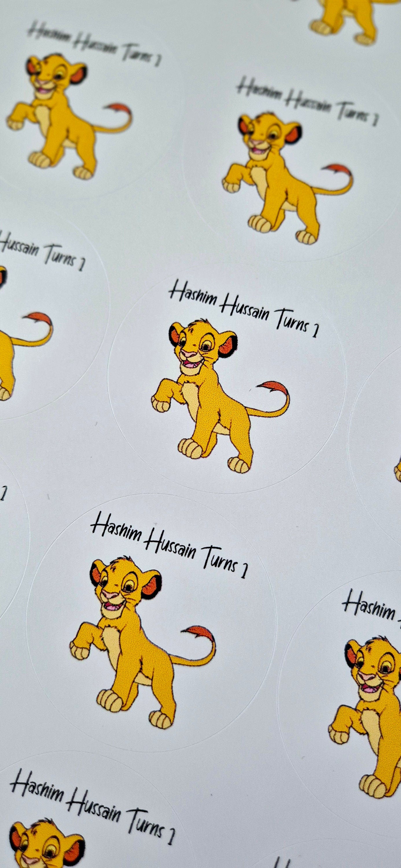 SIMBA-inspired stickers- 24 Glossy Simba-stickers- 45mm circular stickers a4 sheet - 24 in total