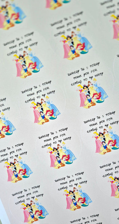 Princess inspired stickers- 24 Glossy princess stickers- 45mm circular stickers a4 sheet - 24 in total