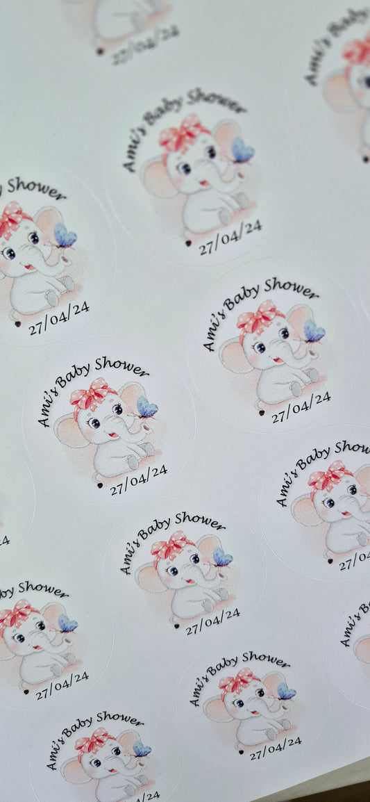 Baby shower stickers- 24 Glossy baby shower stickers- 45mm circular stickers a4 sheet - 24 in total