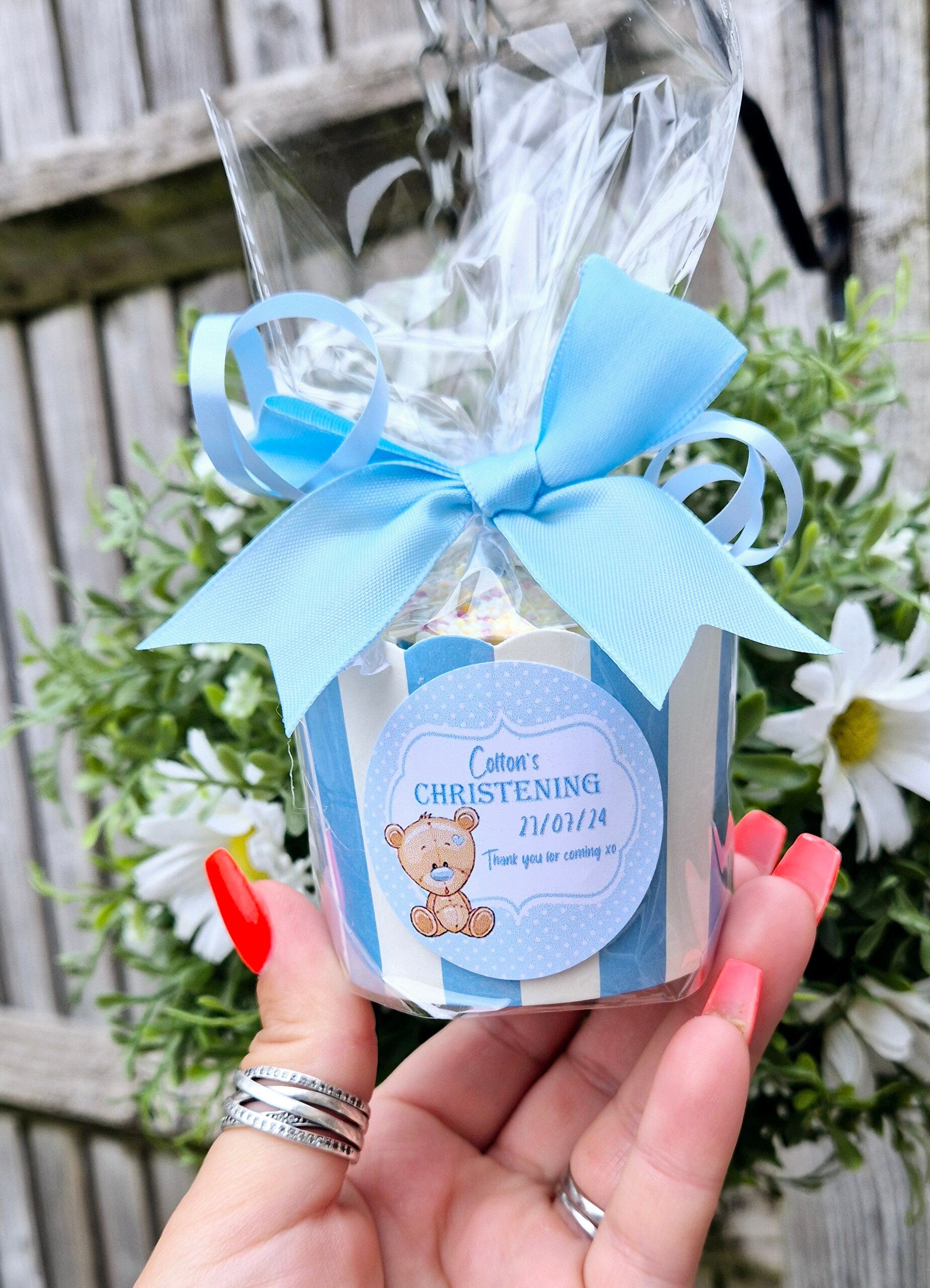 Christening sweet pots - personalised sticker - Christening sweet favours