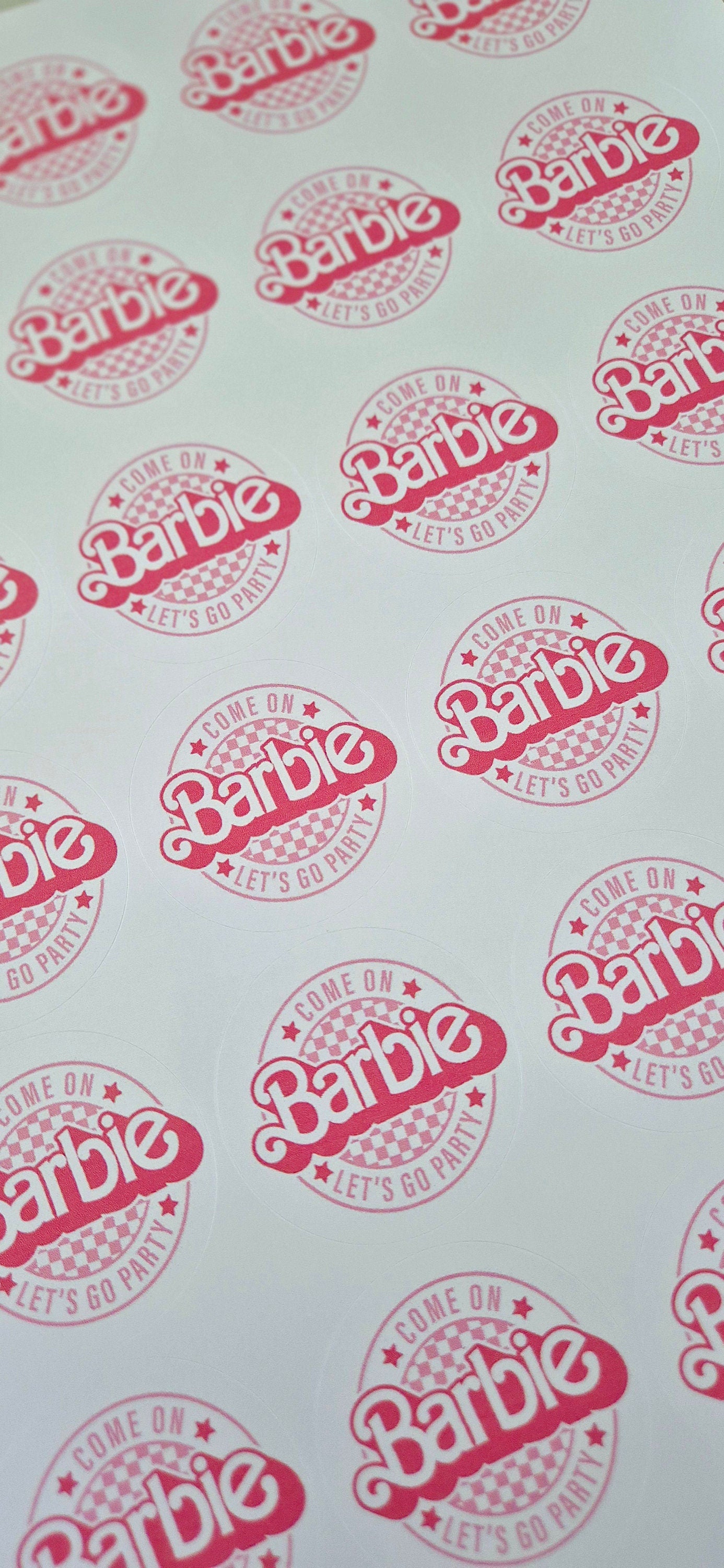 Lets go and party inspired sticker- 24 Glossy Barbie-stickers- 45mm circular stickers a4 sheet - 24 in total