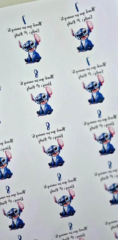 STITCH-inspired stickers- 24 Glossy stitch stickers- 45mm circular stickers a4 sheet - 24 in total