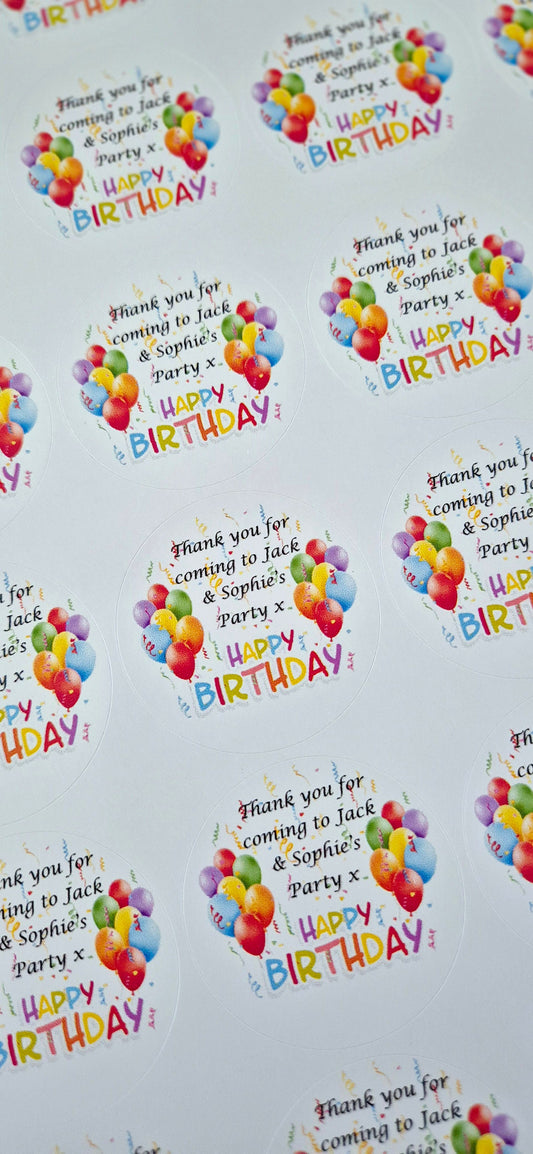 Happy birthday stickers- 24 Glossy birthday stickers- 45mm circular stickers a4 sheet - 24 in total