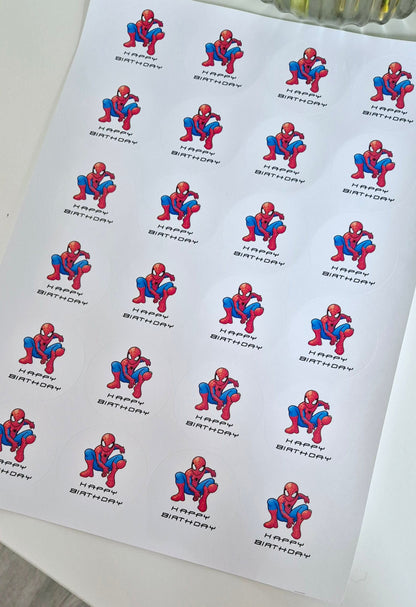 Spider-man inspired themed stickers- 24 Glossy stitch stickers- 45mm circular stickers a4 sheet - 24 in total