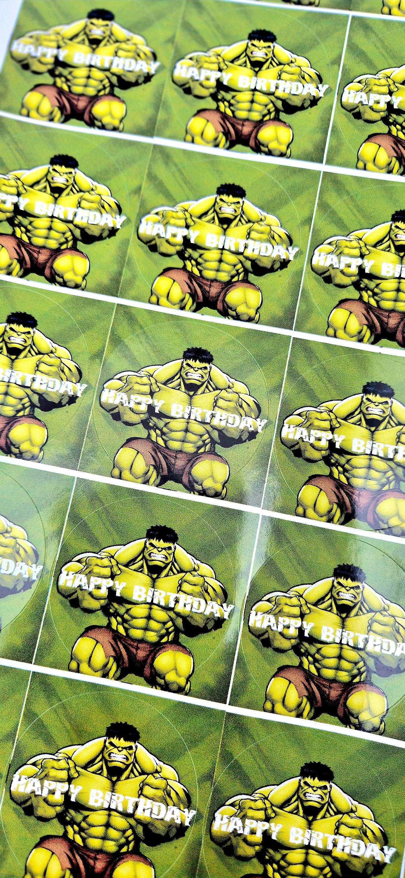 Hulk-inspired themed stickers- 24 Glossy hulk-inspired stickers- 45mm circular stickers a4 sheet - 24 in total