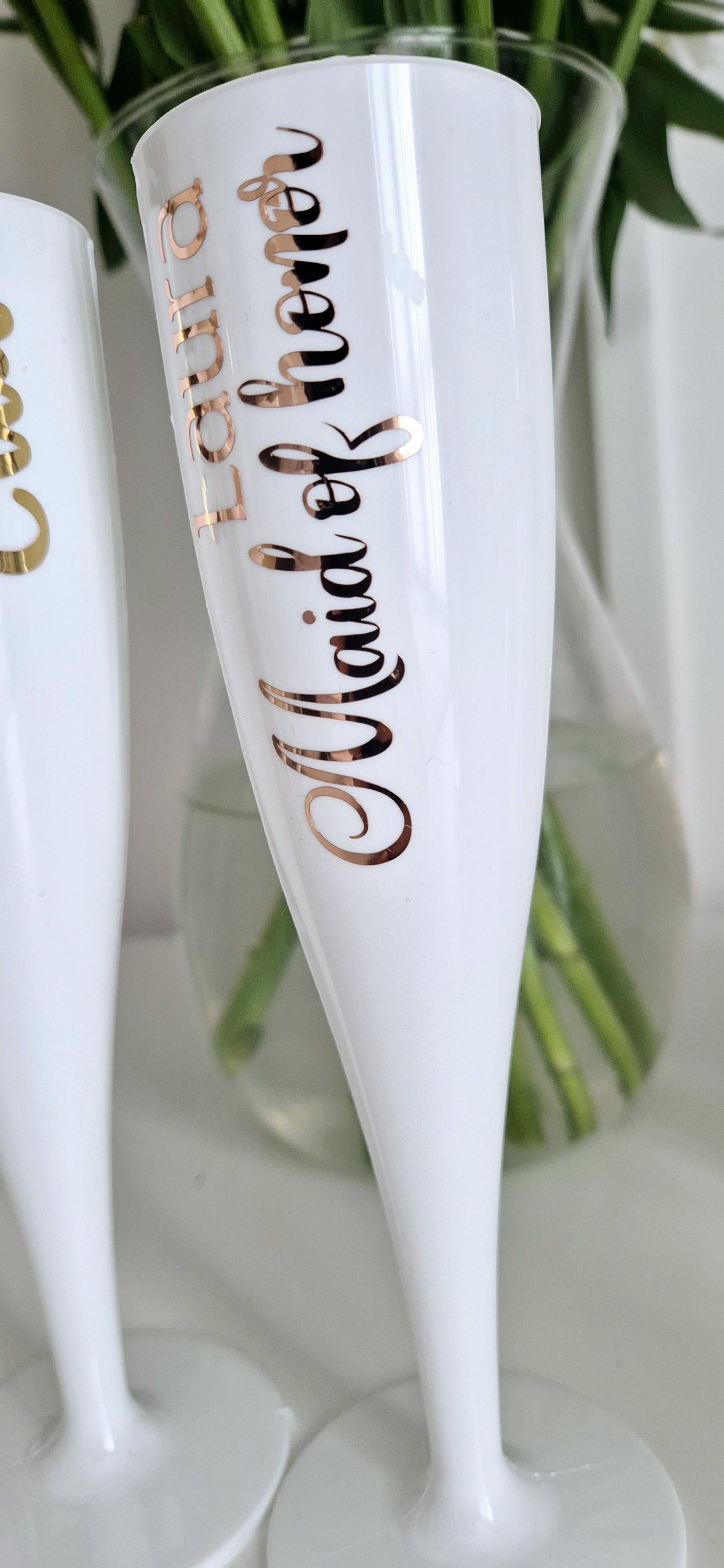 Personalised white Champage Flute- prom.gift- bridal gift- Hen party - Wedding - Plastic champange flutes