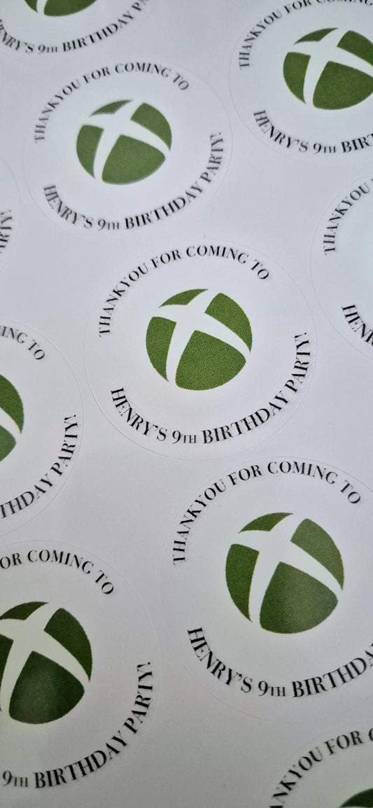 Xbox inspired stickers- xbox themed 24 Glossy Sostickers- 45mm circular stickers a4 sheet - 24 in total