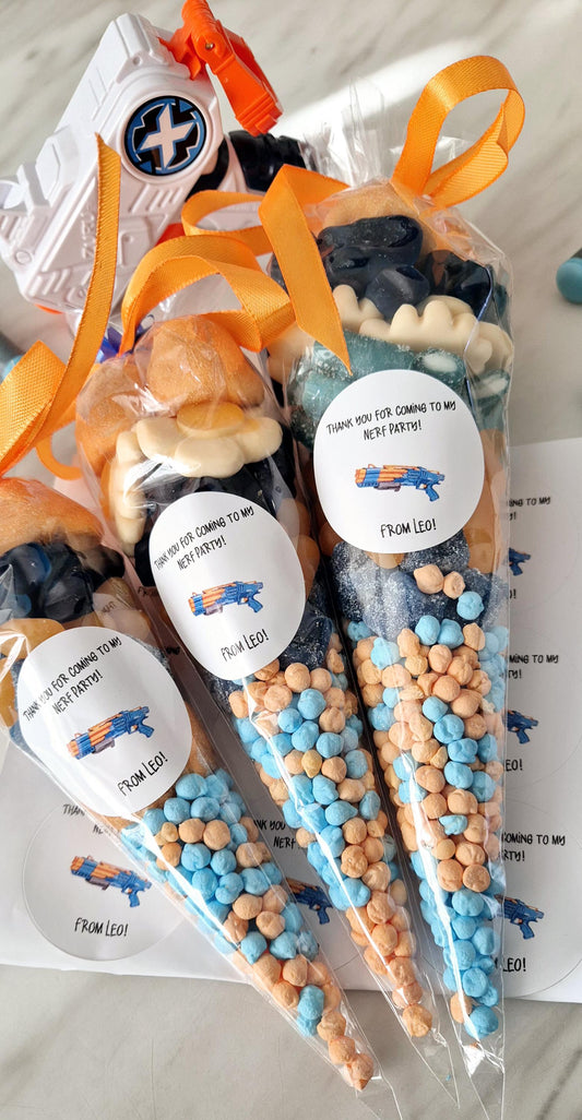 Nerf inspired sweets - party cones - Birthday party cones - Nerf Birthday cones- Prefilled sweetcones- personalised party favour