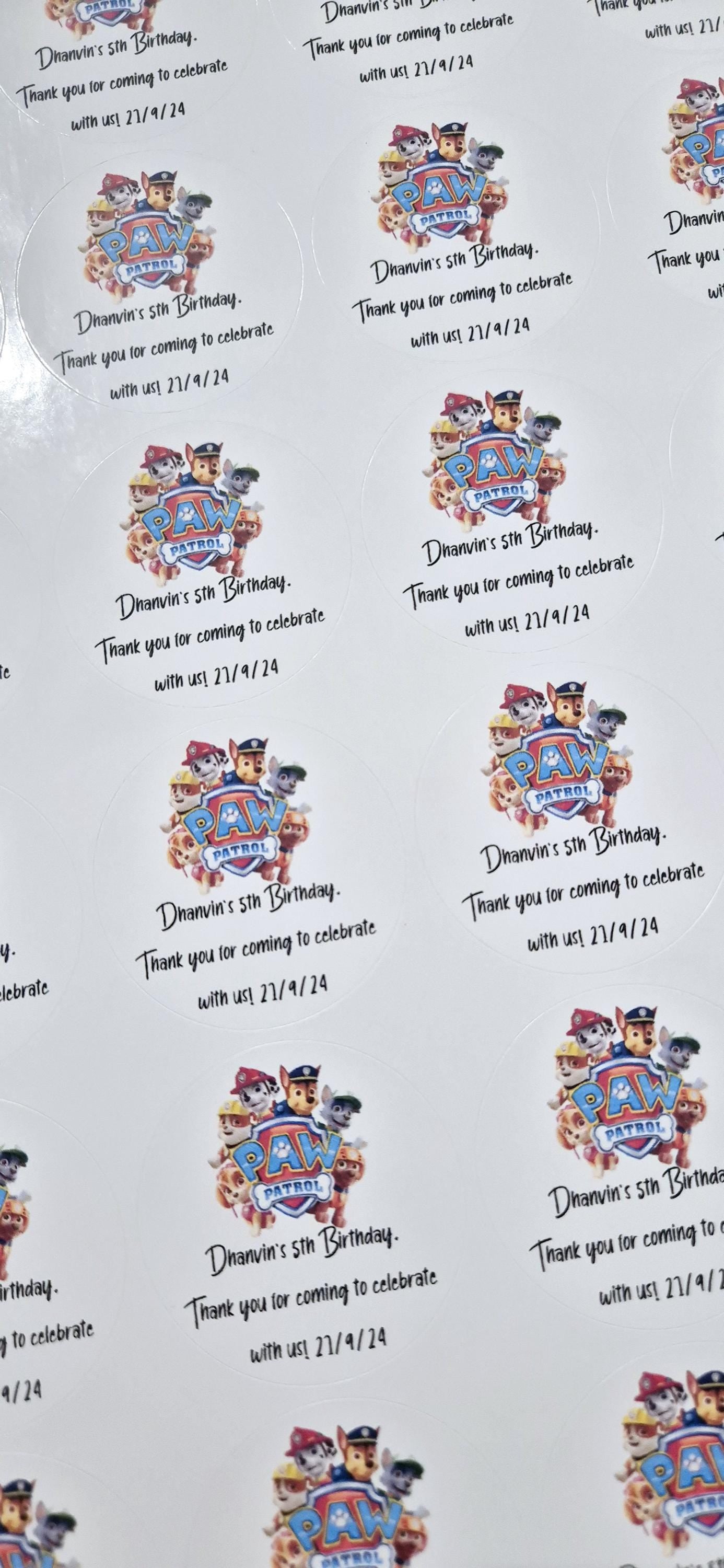 Paw patrol inspired stickers- themed 24 Glossy Stickers- 45mm circular stickers a4 sheet - 24 in total