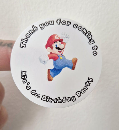 Mario inspired stickers- Mario themed 24 Glossy stickers- 45mm circular stickers a4 sheet - 24 in total