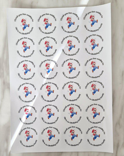 Mario inspired stickers- Mario themed 24 Glossy stickers- 45mm circular stickers a4 sheet - 24 in total