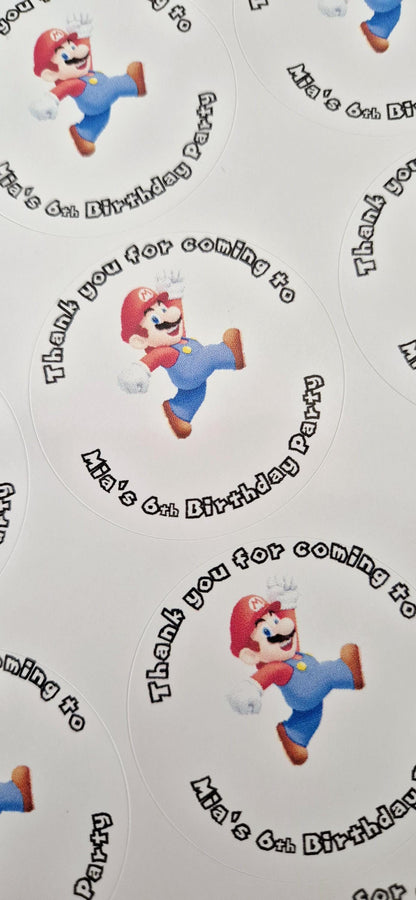 Mario inspired stickers- Mario themed 24 Glossy stickers- 45mm circular stickers a4 sheet - 24 in total