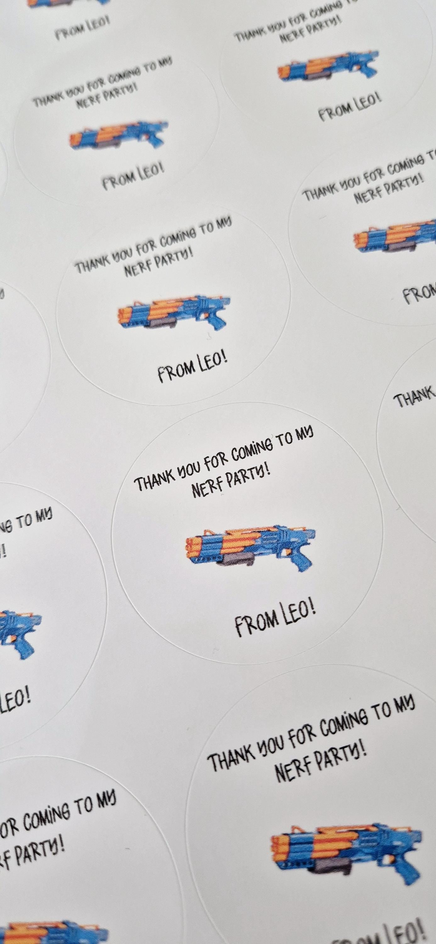 Nerf inspired stickers- Nerf themed 24 Glossy stickers- 45mm circular stickers a4 sheet - 24 in total