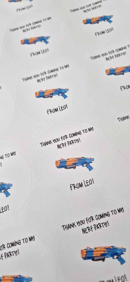 Nerf inspired stickers- Nerf themed 24 Glossy stickers- 45mm circular stickers a4 sheet - 24 in total